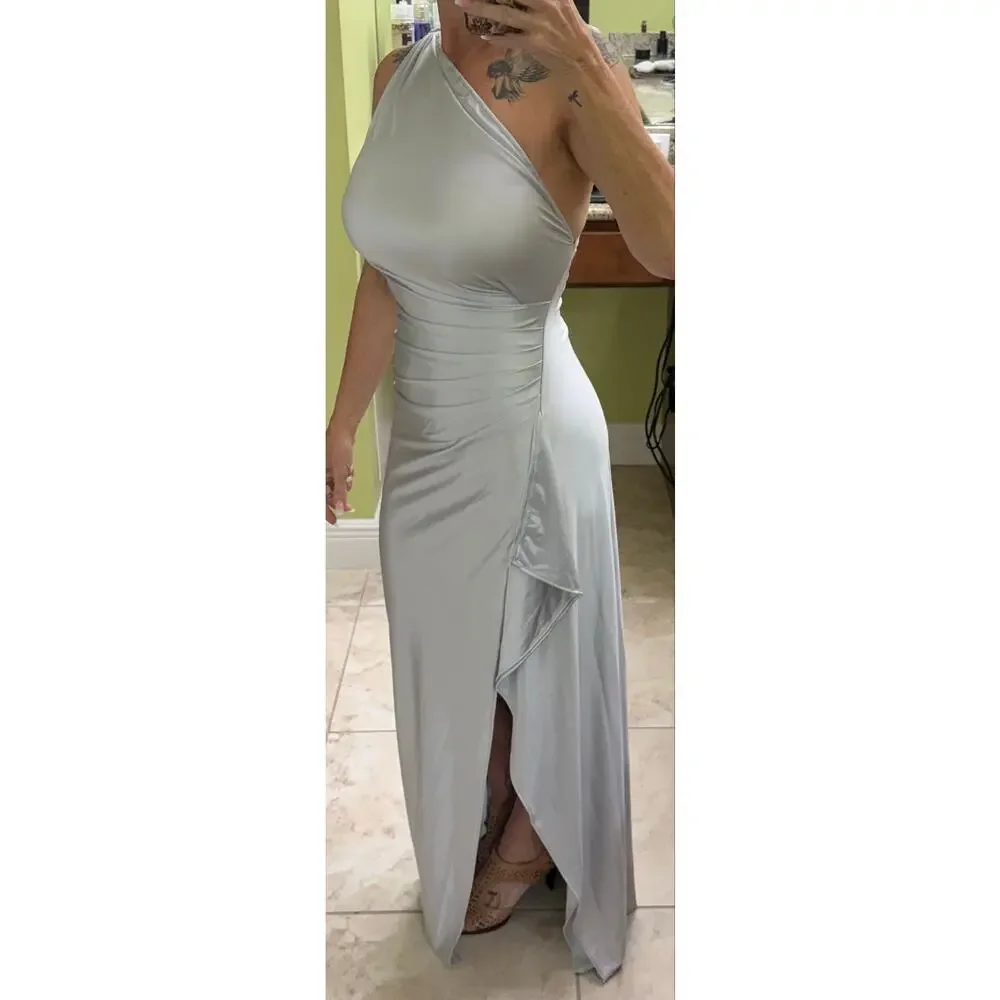 OYS One Shoulder Satin High Split Wedding Maxi Formal silver dress NWT Medium - Picture 3 of 5